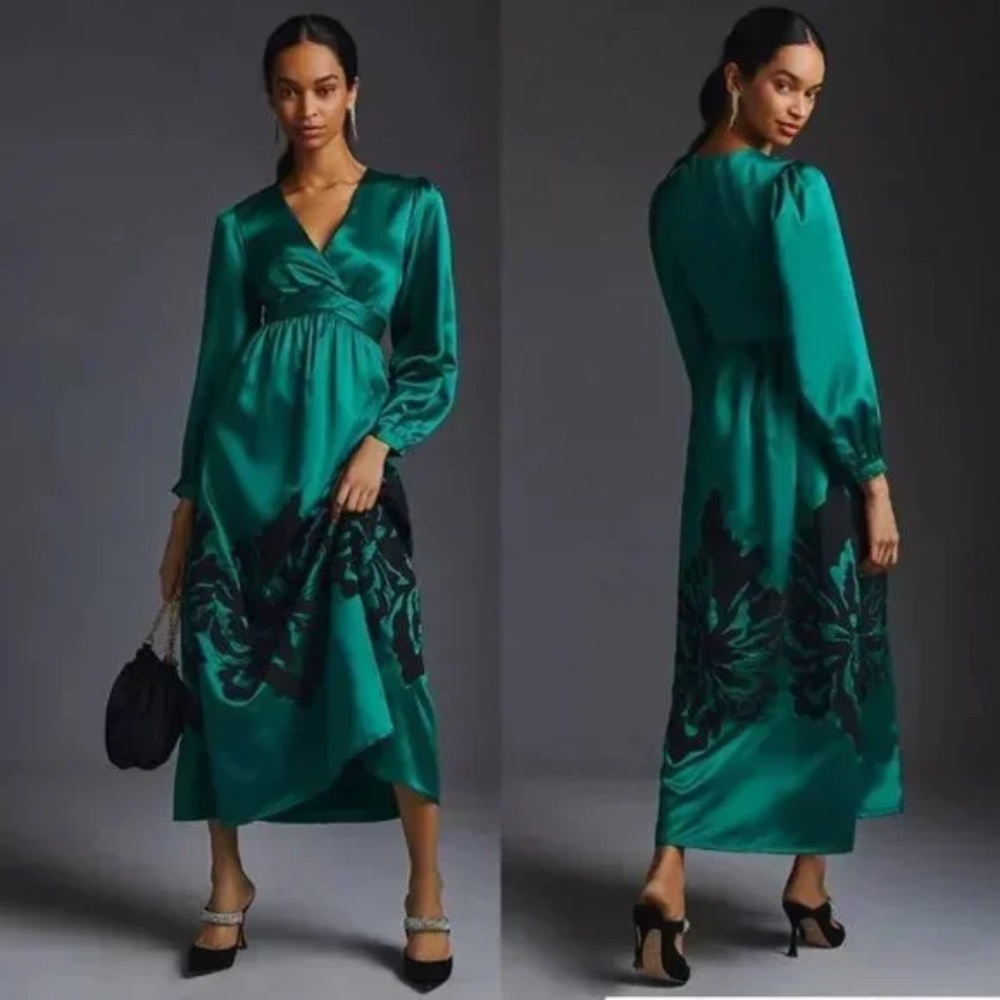 NEW Anthropologie Nikasha Emerald Applique Satin Dress size S